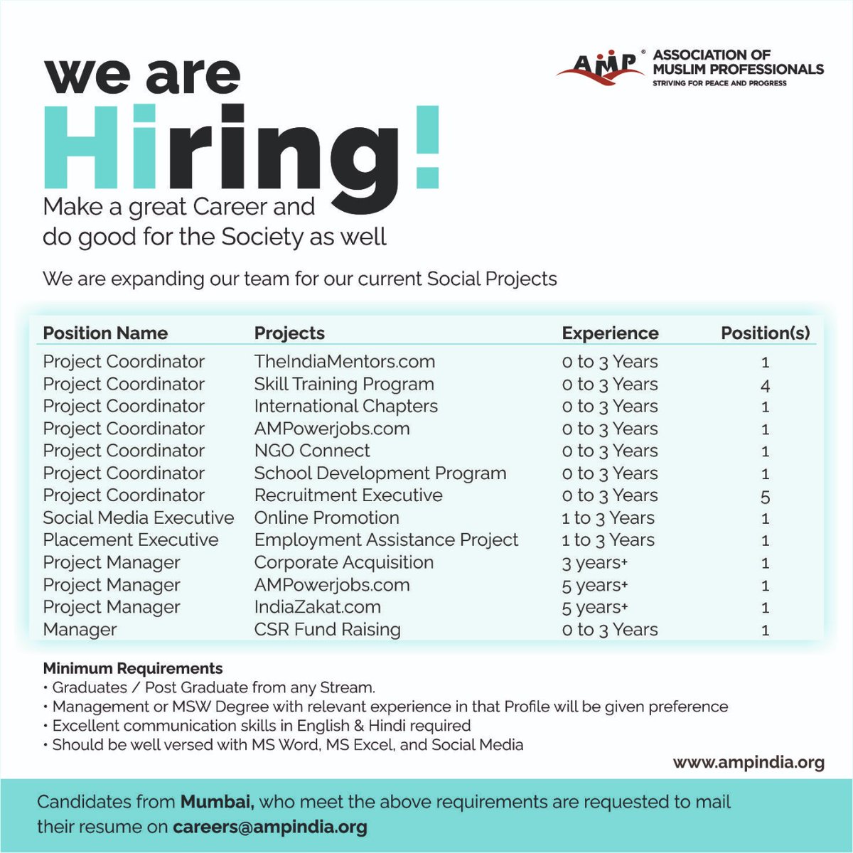AMP is Hiring!
Make a great career and do good for society as well

We are expanding our team for our current Social Projects

Job Location:
• Agripada, Mumbai

Candidates are requested to send your Resume to careers@ampindia.org