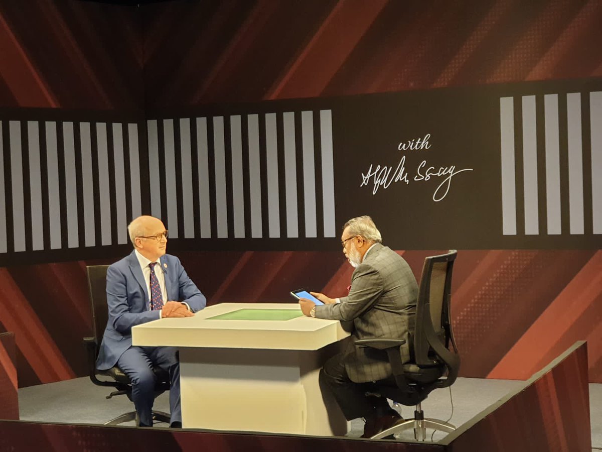 NLinBD1's tweet photo. Great to visit the studios of @channelionline and be interview by its famous host @shykhseraj. Talked about 50 years of friendship and cooperation between Bangladesh and the Netherlands and the promising future in our relationship with transition from aid to trade. #NLBD50 https://t.co/10J26gajMI