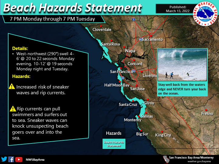 NWSBayArea's tweet photo. Beach Hazards Statement from 7 pm PDT Monday through 7 pm PDT Tuesday for a high risk of sneaker waves and strong rip currents. #CAbeaches #CAwx https://t.co/WOEUEao5Qn