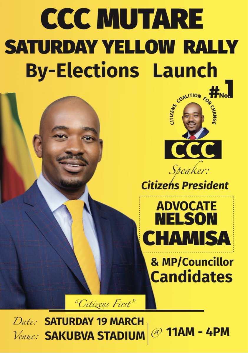 advocatemahere's tweet photo. ⭐️AnaWasu woyeeeeeee!!!
⭐️This Saturday, the #YellowJuggernaut comes to the great hills of MANICALAND!!!!
⭐️Join us at Sakubva Stadium in MUTARE!!!
⭐️The Police have been notified & we are ready to roll!!!
⭐️SPREAD THE WORD!!! https://t.co/yuanyR65wD