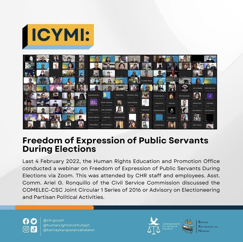 bkh2022election's tweet photo. ICYMI: Last 4 February 2022, the Human Rights Education and Promotion Office conducted a webinar on Freedom of Expression of Public Servants during Elections via Zoom. This was attended by CHR staff and employees. https://t.co/CDhli6QDBm