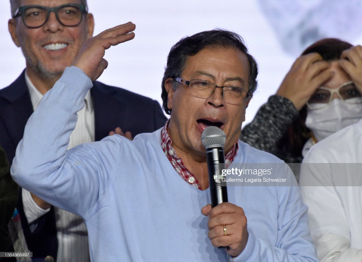 Gustavo #Petro celebrates after being elected as presidential candidate for the Colombia Humana party and left-winger coalition #PactoHistorico during the Legislative Elections on March 13, 2022 in Bogota. Colombia will vote for a new President on May 29, 2022 📷: <a href="/GuilleLegariaS/">Guillermo Legaria</a>