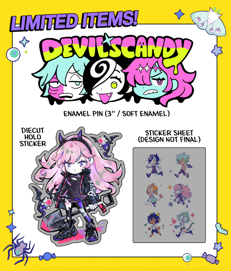 Campaign Features:
💜Devil's Candy Book 2, larger and with color pages and bonus illustrations
💜Enamel Pin
💜Holo Sticker
💜Sticker Sheet
💜100+ page Mini Artbook 