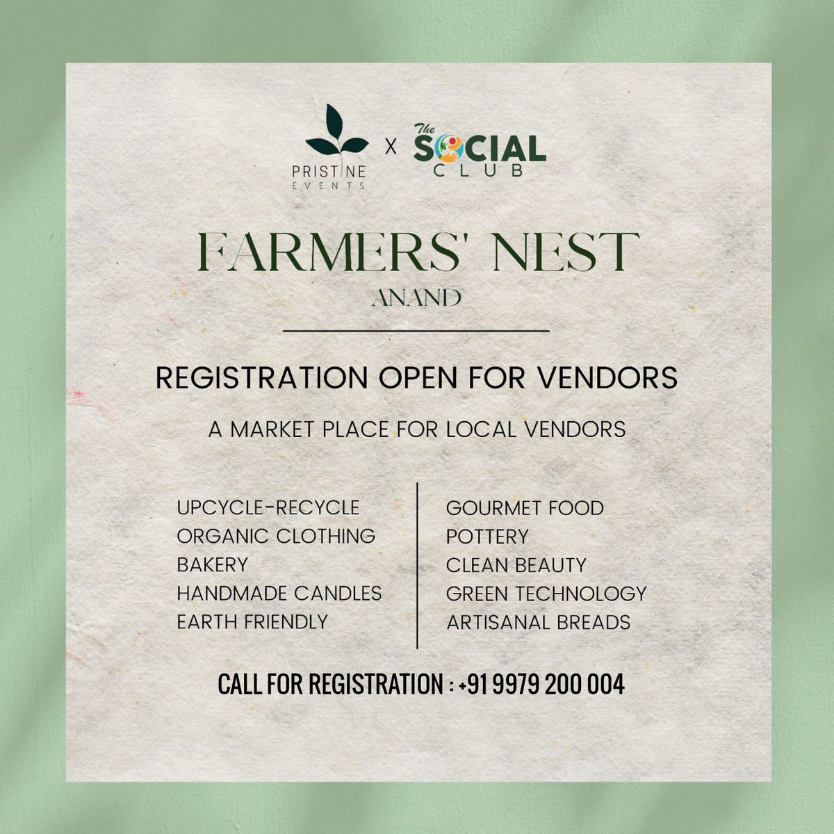 SocialClub_in's tweet photo. Farmers' Nest
Registration Open for Vendors
A Market Place for Local Vendors
Upcycle-Recycle
Organic Clothing
Bakery
Handmade Candles
Earth Friendly
Gourmet Food
Pottery
Clean Beauty
Green Technology
Artisanal Breads
Book Your Spot today
Call for Registration +91 9979200004 https://t.co/UlPgfWCdDO