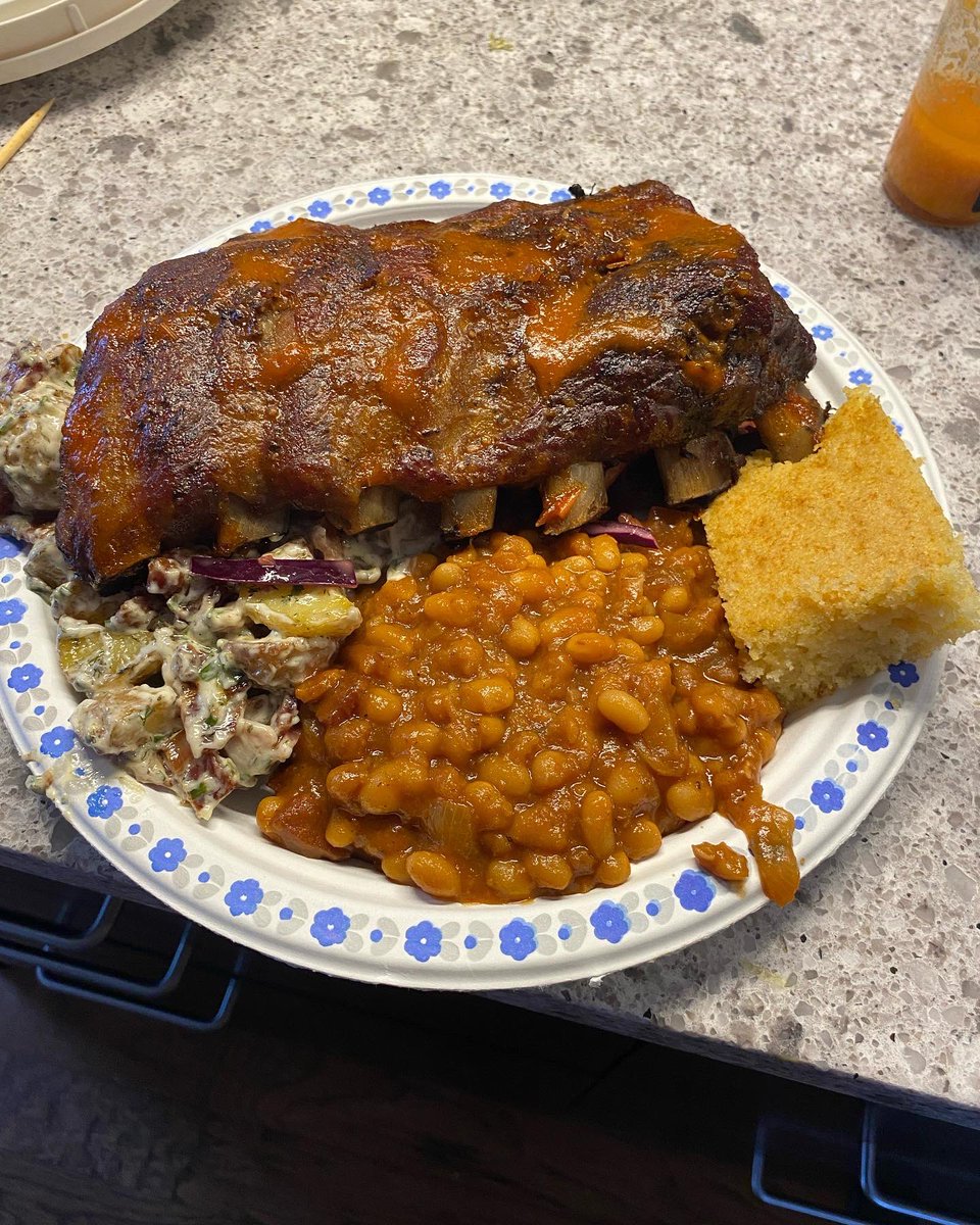 It was rib night!!! Homemade baked beans, homemade warm potato salad, homemade root beer bbq sauce! Smoked and grilled! Good eats!