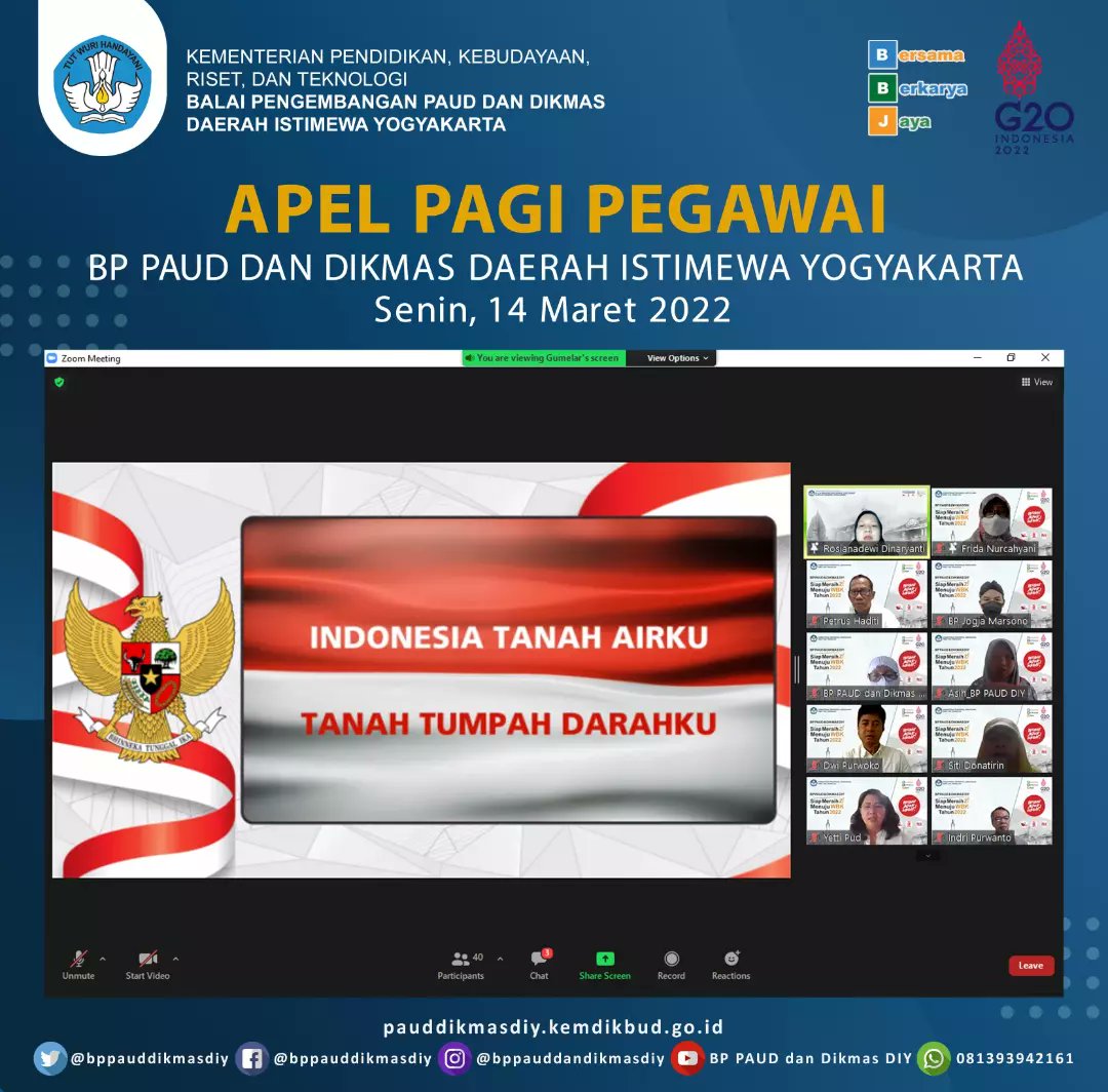 bppauddikmasdiy's tweet photo. Pelaksanaan apel pagi virtual pegawai BP PAUD dan Dikmas D.I. Yogyakarta, Senin 14 Maret 2022. Apel diikuti oleh seluruh pegawai dan yang bertindak sebagai pembina apel adalah Ketua Tim Kerja Pembangunan Zona Integritas, Frida Nurcahyani, S.E., M.Ak.

#BersamaBerkaryaJaya https://t.co/kx6E6NOKEp