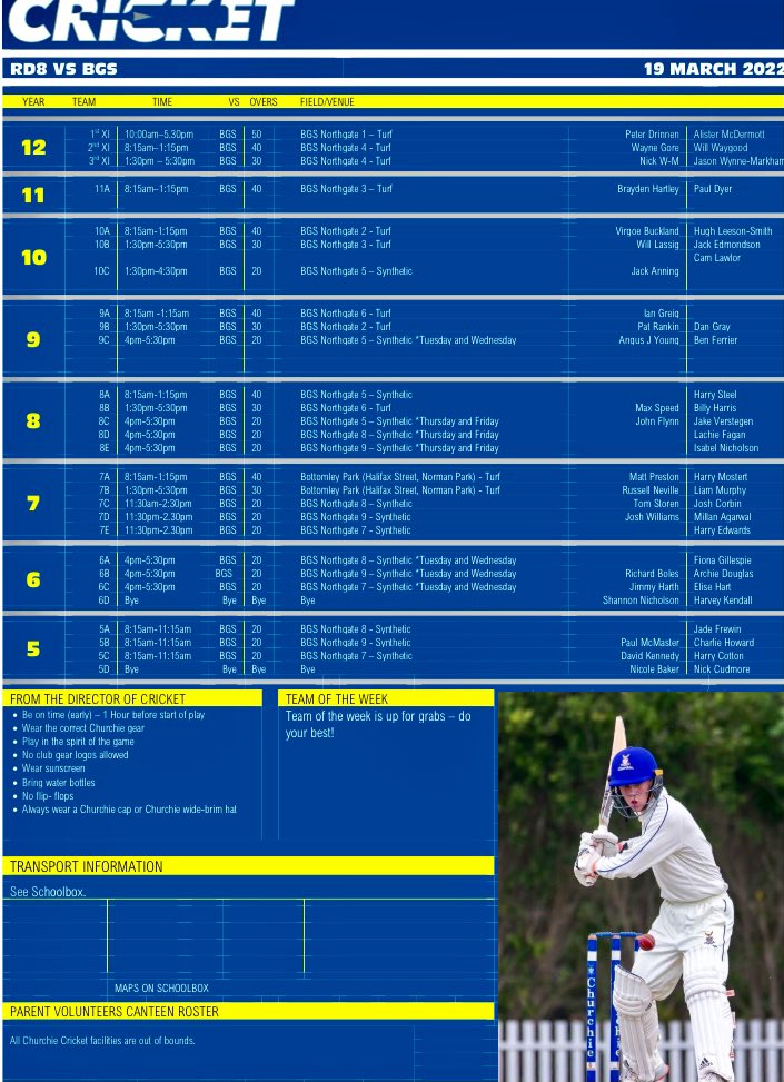 ChurchieSport's tweet photo. Massive week of Churchie Cricket @BrisbaneGrammar for Round 8. Please check Schoolbox for training &amp; match details as we have midweek matches at Northgate. We thank @BrisbaneGrammar in advance for hosting nearly all fixtures with others being played Easts RUC.🔵⚪️🏏#makingofmen https://t.co/0A7TIaa2kS