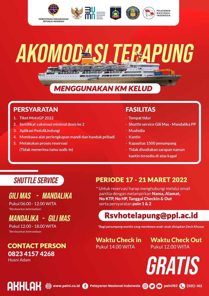 KM. Kelud mendapatkan penugasan dari Pemerintah c.q. <a href="/kemenhub151/">Kemenhub RI</a> 
untuk menambah jumlah kamar hotel di Mandalika, Lombok. Dalam penugasan ini BUMN PT.Pelni (Persero) bekerjasama dgn Pemda NTB serta pihak-pihak lain yang mendukung gelaran MotoGP 2022.