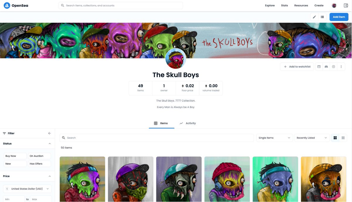 Messyfacey's tweet photo. 1-50. / 7777 PFP Generative. Theskullboys club.
Now Release at @opensea 
💀
Reserve Price start from 0.02 ETH.
Check Our Collection below:
⬇️
https://t.co/HupuJXPZ3x

#NFTs #NFT #NFTcollector #NFTcommunity #NFTindonesia #opensea #Ethereum #ETH #ethnft https://t.co/ELLJtOfelv