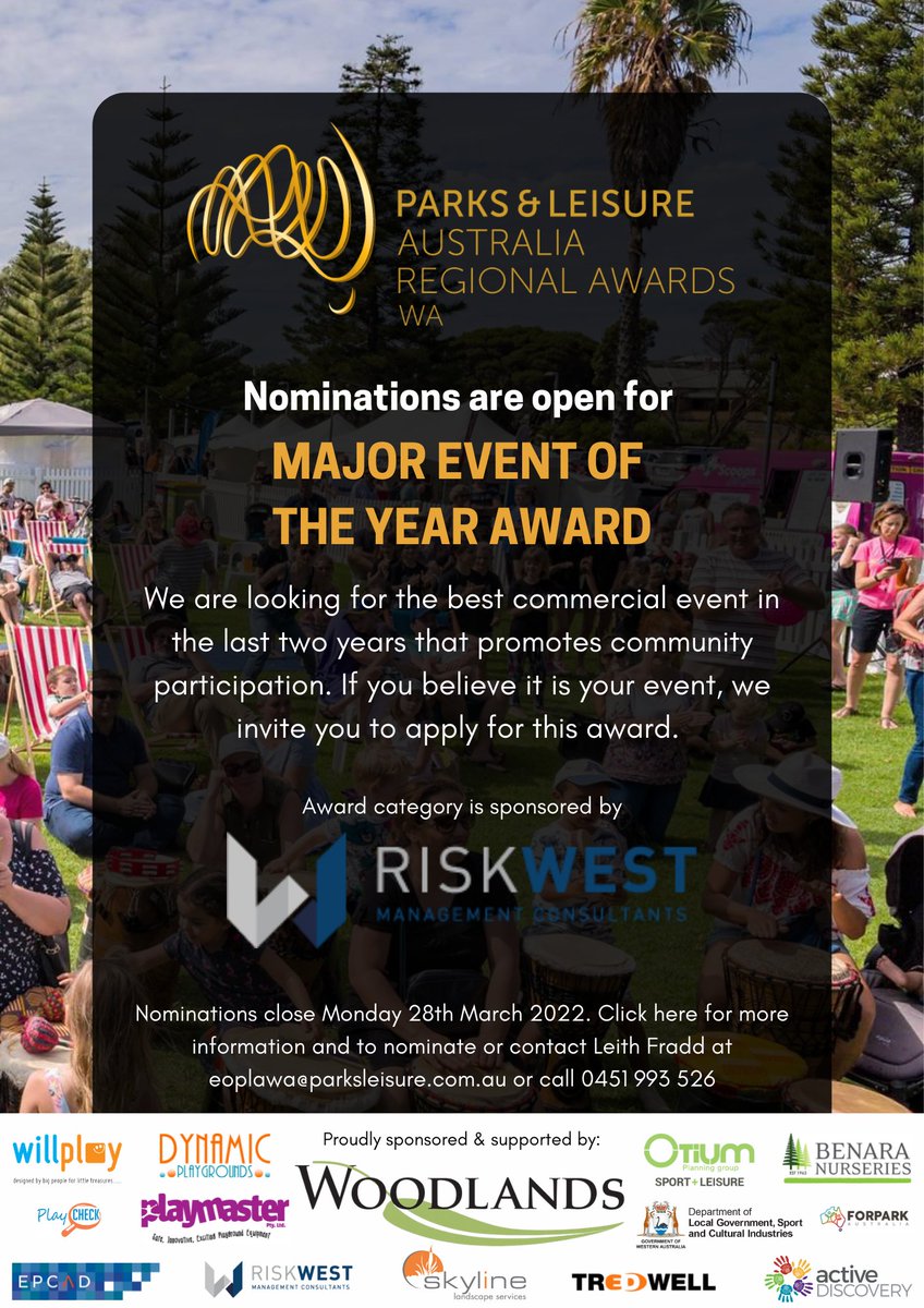 To register or to find out more about of Awards of Excellence parksleisure.com.au/awards/awards-…
<a href="/CityofPerth/">City of Perth</a> <a href="/citystirlingwa/">City of Stirling</a> <a href="/City_Joondalup/">City of Joondalup</a> <a href="/CityofWanneroo/">City of Wanneroo</a> <a href="/CityofBusselton/">City of Busselton</a> <a href="/TownOfCambridge/">Town of Cambridge</a> <a href="/cityofbayswater/">City of Bayswater</a>