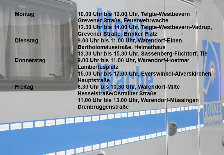 polizei_nrw_waf's tweet photo. Die #Bezirksdienstbeamten und Beamtinnen der #Wache Warendorf sind in der kommenden Woche mit der #MobilenWache unterwegs. Sie machen halt in #Westbevern #Einen #Füchtorf #Alverskirchen #Milte und #Müssingen Kommen Sie mit Ihren Anliegen vorbei
Ihre #PolizeiWarendorf https://t.co/EFOd0Wx4IG
