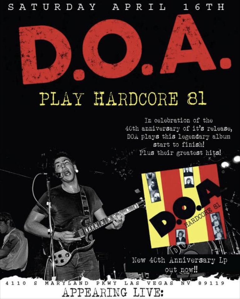 PulsarSmash702's tweet photo. Punk legends DOA take over The Divebar Sat April 16th, performing their classic album Hardcore 81 front to back! With The Death Set and Suburban Resistance, tickets at https://t.co/vdzvFN86qM #vegas #livemusic #punkrock #doa #vivalasvegas #vivaweekend https://t.co/FPFUVbuu39
