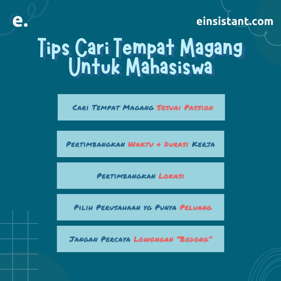 einsistant's tweet photo. Mahasiswa tingkat akhir mana suara nya? Sudah siap untuk mengikuti program kerja magang?
Sebelum kamu mulai program magang, simak tips berikut yuk biar gak bingung!
#magang #infomagang #tipsmagang https://t.co/g1IDV0PBq5