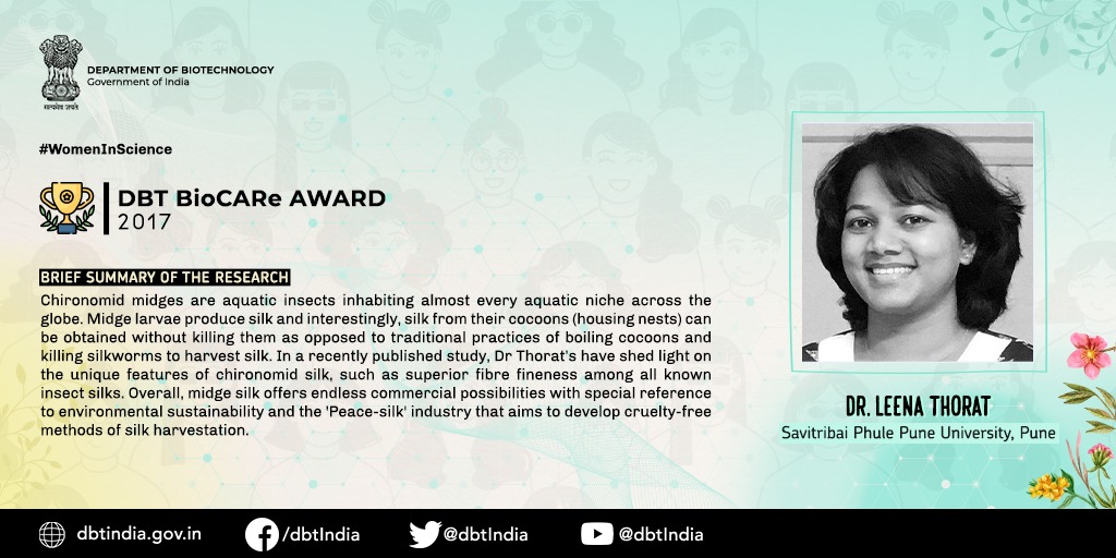 Department of Biotechnology (@dbtindia) on Twitter photo Dr Leena Thorat, a <a href="/DBTIndia/">Department of Biotechnology</a> BioCARe Awardee, has shed light on the unique features of chironomid silk, such as superior fibre fineness among all known insect silks. #WomenInScience #WomenInSTEM
<a href="/DrJitendraSingh/">Dr Jitendra Singh</a> <a href="/rajesh_gokhale/">Rajesh Gokhale</a> Dr Leena Thorat, a <a href="/DBTIndia/">Department of Biotechnology</a> BioCARe Awardee, has shed light on the unique features of chironomid silk, such as superior fibre fineness among all known insect silks. #WomenInScience #WomenInSTEM
<a href="/DrJitendraSingh/">Dr Jitendra Singh</a> <a href="/rajesh_gokhale/">Rajesh Gokhale</a>
