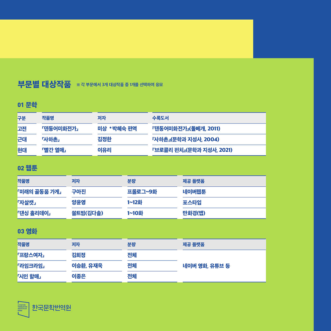 ltikorea's tweet photo. 📌 2022 LTI Korea Translation Award for Aspiring Translators

2022 LTI Korea Translation Award for Aspiring Translators is open to all aspiring literary &amp; media translators around the world. Join the fun and test your translations skills here!

(1/4) https://t.co/2HG9JSv6fg