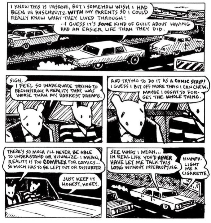 DJohnsonSDSU's tweet photo. I think it’s funny when Maus gets meta and has Art reference his comics. I particularly enjoyed this panel when he tells Francois that in real life she’d never let him talk this long without interrupting. #ENGL157 https://t.co/lt4km6Wmr2
