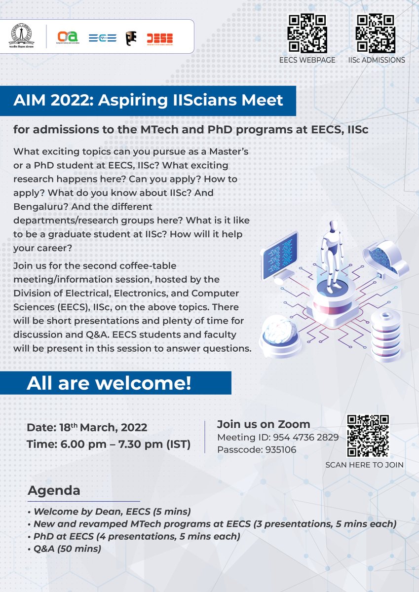 Join us for the second online information session on MTech and PhD admissions at EECS, IISc on 18 March 2022.