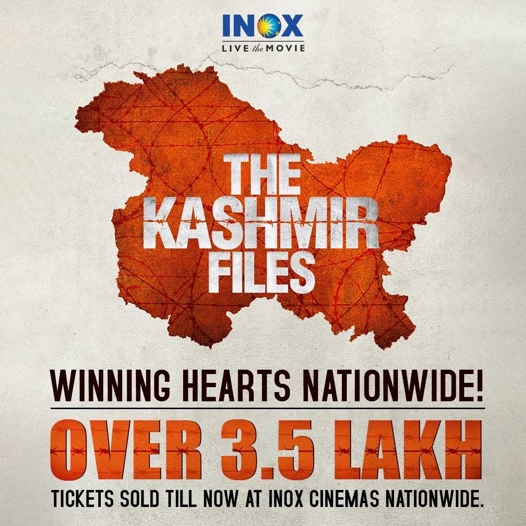 INOXMovies's tweet photo. #TheKashmirFiles with its touching story has won hearts nationwide. With over 3.5 lakh tickets sold till now at INOX cinemas nationwide, #India has welcomed this movie with open hearts. If you haven't watched this movie based on a true story yet, catch it at #INOX! https://t.co/VVEC4V34jy