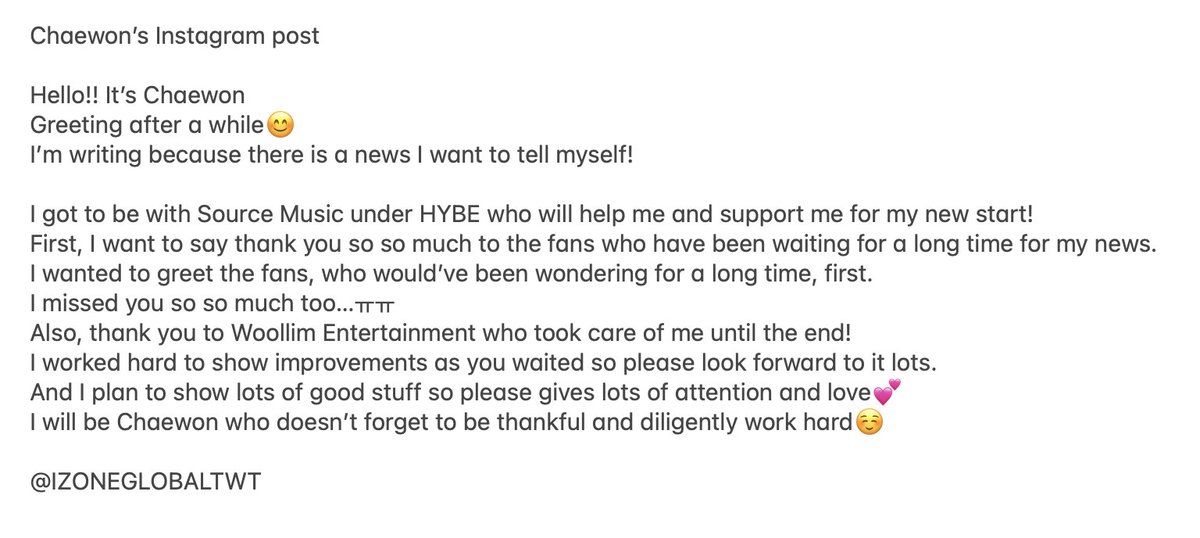 IZONEGLOBALTWT's tweet photo. 📃 [TRANS] 220314 Chaewon's Instagram update

#김채원 #KIMCHAEWON #チェウォン https://t.co/ohk4iGUKiE
