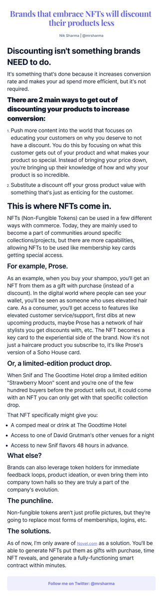 mrsharma's tweet photo. Discounting isn't something brands NEED to do.

I believe a brand today could successfully use NFTs to get rid of discounts on their customer's first purchase.

It would require some education around NFTs, but could save a lot of money, esp. for those who could use the cash flow. https://t.co/1bEgBLd6rH