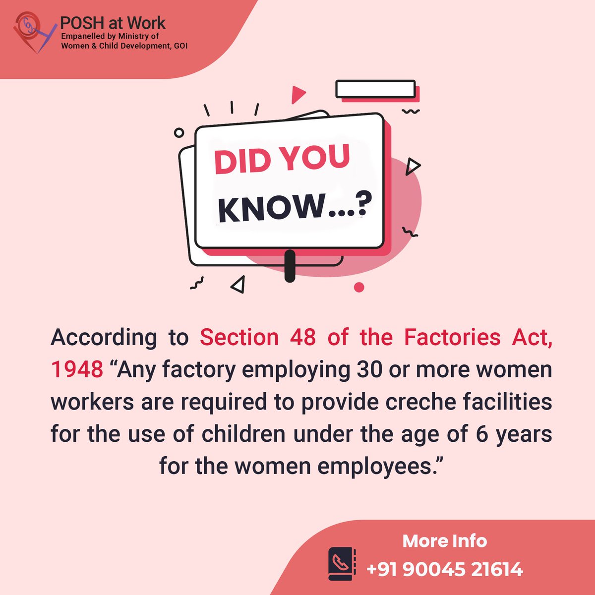 poshatwork's tweet photo. According to Section 48 of the Factories Act, 1948 “Any factory employing 30 or more women workers are required to provide #creche facilities for the use of children under the age of 6 years for the women employees.”

#poshatwork #factoryact #womenworker #Women #Employees https://t.co/Hbou1TDenP
