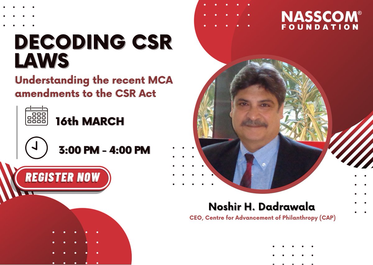 nasscomfdn's tweet photo. Block your calendars and listen to our stellar panellist - Mr Dadrawala shed light on the latest amendments in the #CSR law. 
Date: 16th Mar
Time: 3 PM - 4 PM
Register Now: https://t.co/kfIwW9zB7Z

#CSR #CSRact #CSRLaw #responsibility #Tech #TechForGood #Impact #nonprofit https://t.co/fTt9BPDPX9