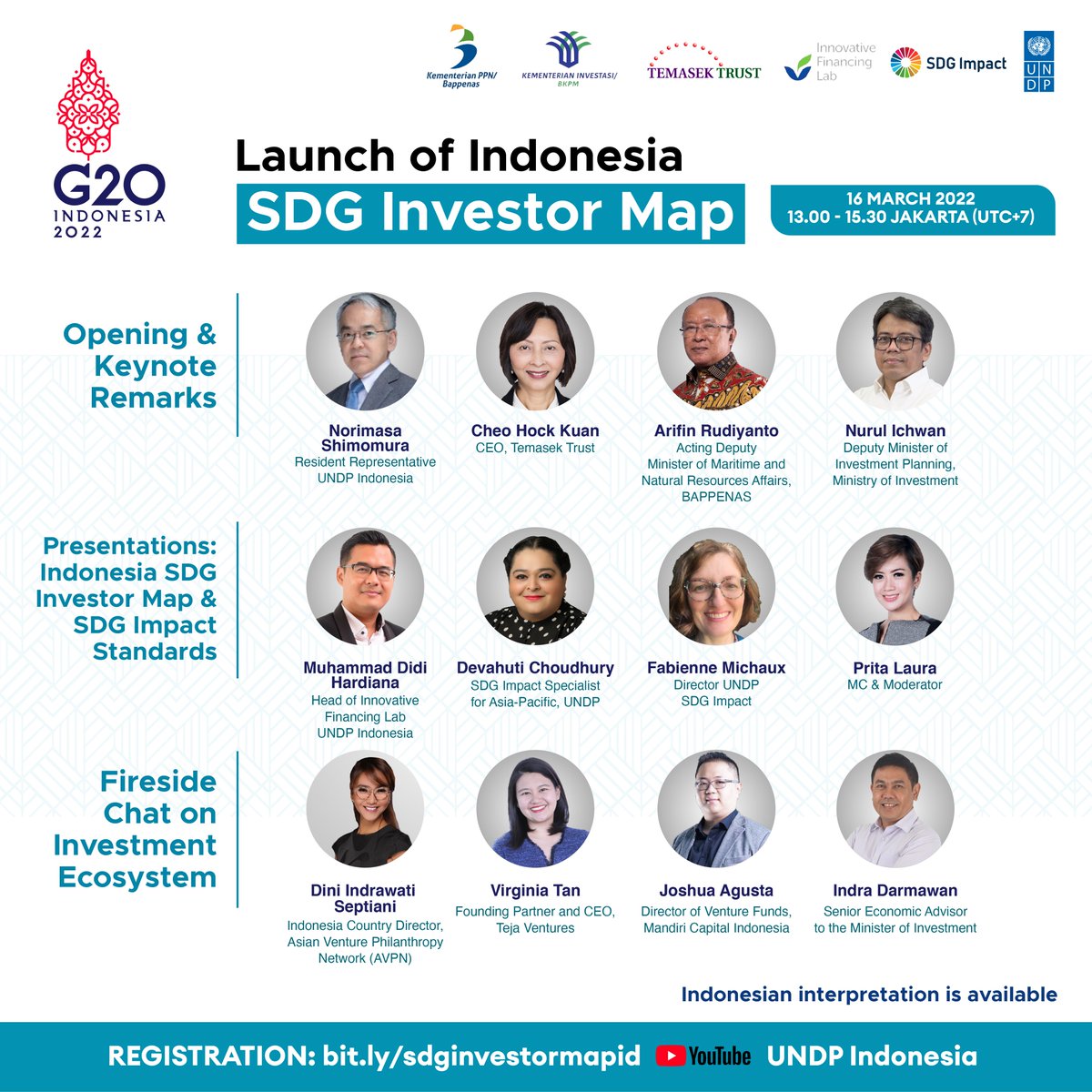 Interested in aligning your investments and business with the #SDG for 🇮🇩? Join us w/ @Norimasa_UN @BappenasRI, @bpkm & @Temasek to launch SDG Investor Map!

🗓 16 Mar 2022 (13.00 – 15.30 WIB)
➡️ bit.ly/sdginvestormap… or stream live at UNDP Indonesia's YouTube channel