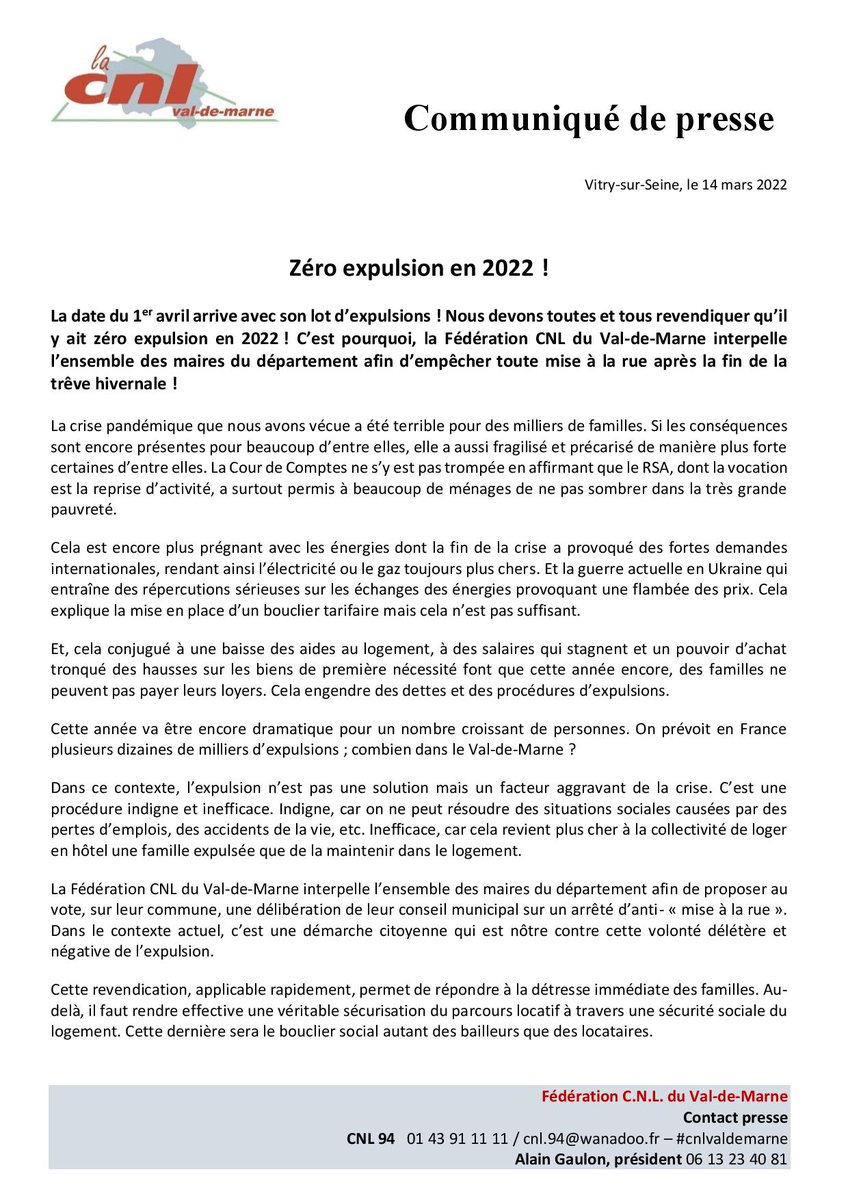 CNLvaldemarne's tweet photo. Revendiquer #zeroexpulsion en 2022 est de la justice sociale. @CNLvaldemarne demande à l'ensemble des maires du @valdemarne_94 de faire des arrêtés anti mise à la rue. Il faut sécuriser le parcours locatif.
#expulsion #logement_social #logement https://t.co/Z6h9EdVnb5