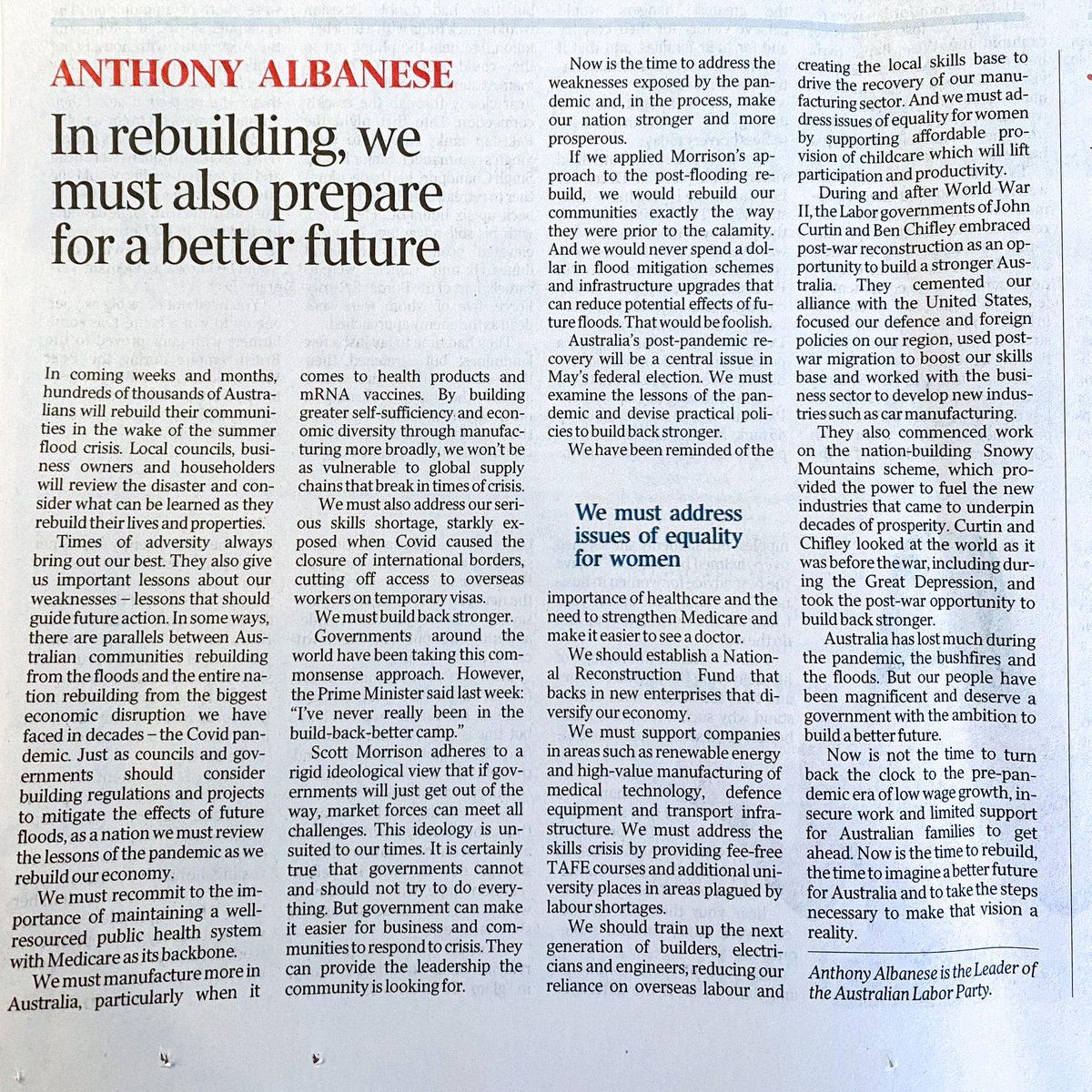 Governments can make it easier for business and communities to respond to crises by providing the leadership that the community is looking for. That’s what a Labor Government will do. 

My article in the <a href="/australian/">The Australian</a> today 👇