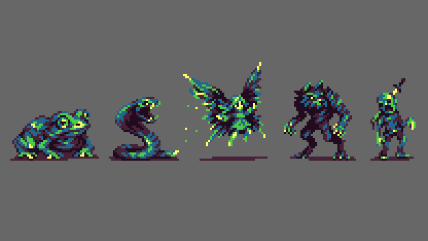 AmorphousPixels's tweet photo. Five color RPG enemies part 2. Tell me which one is your favorite and what enemies I should draw next! 

五色角色扮演遊戲敵人的續集。告訴我哪一個最喜歡，下次該畫什麽敵人！

Part 1 / 第一個系列: https://t.co/QIIDVza0jb

#pixelart #像素畫 #像素画 #ドット絵 https://t.co/V8uSS4txSe