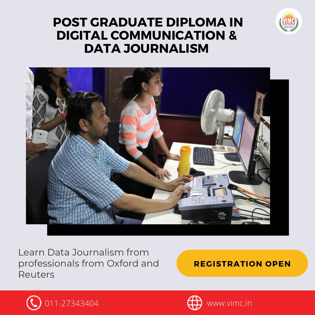 vsjmcdelhi's tweet photo. VIMC exposes you to highly accomplished faculty, providing you with an amazing platform to explore data journalism as a career option.
▪️REGISTRATION OPEN ▪️
#vipsdelhi #vimcdelhi #diplomaprogramme #digitalcommunication #datajournalism https://t.co/nwJDw9khqZ