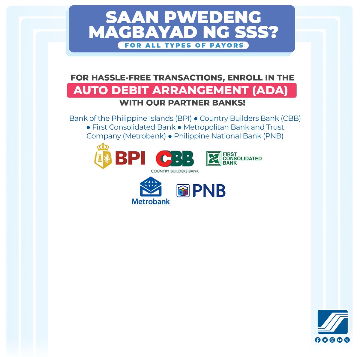 MYSSSPH's tweet photo. 1/2 Saan pwedeng magbayad ng SSS? 

May over-the-counter, online at mobile app options na para sa inyo upang mas madali ang pagbabayad ng inyong contributions at loans! https://t.co/9wfBrj693Q