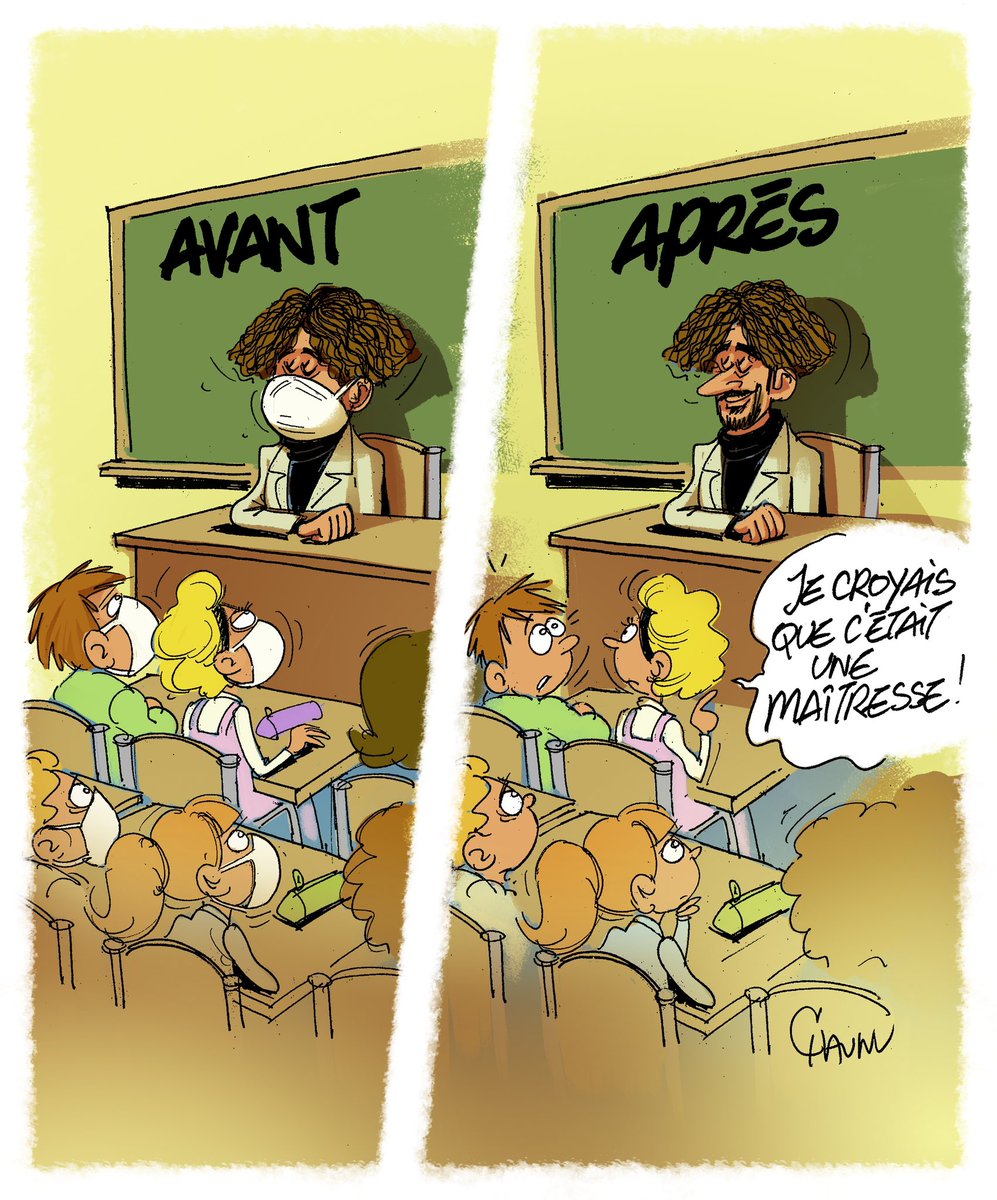 Mon dessin publié aujourd’hui dans @ouestfrance et @unionardennais #ecole #mesuressanitaires #masque #covid_19 #dessidepresse