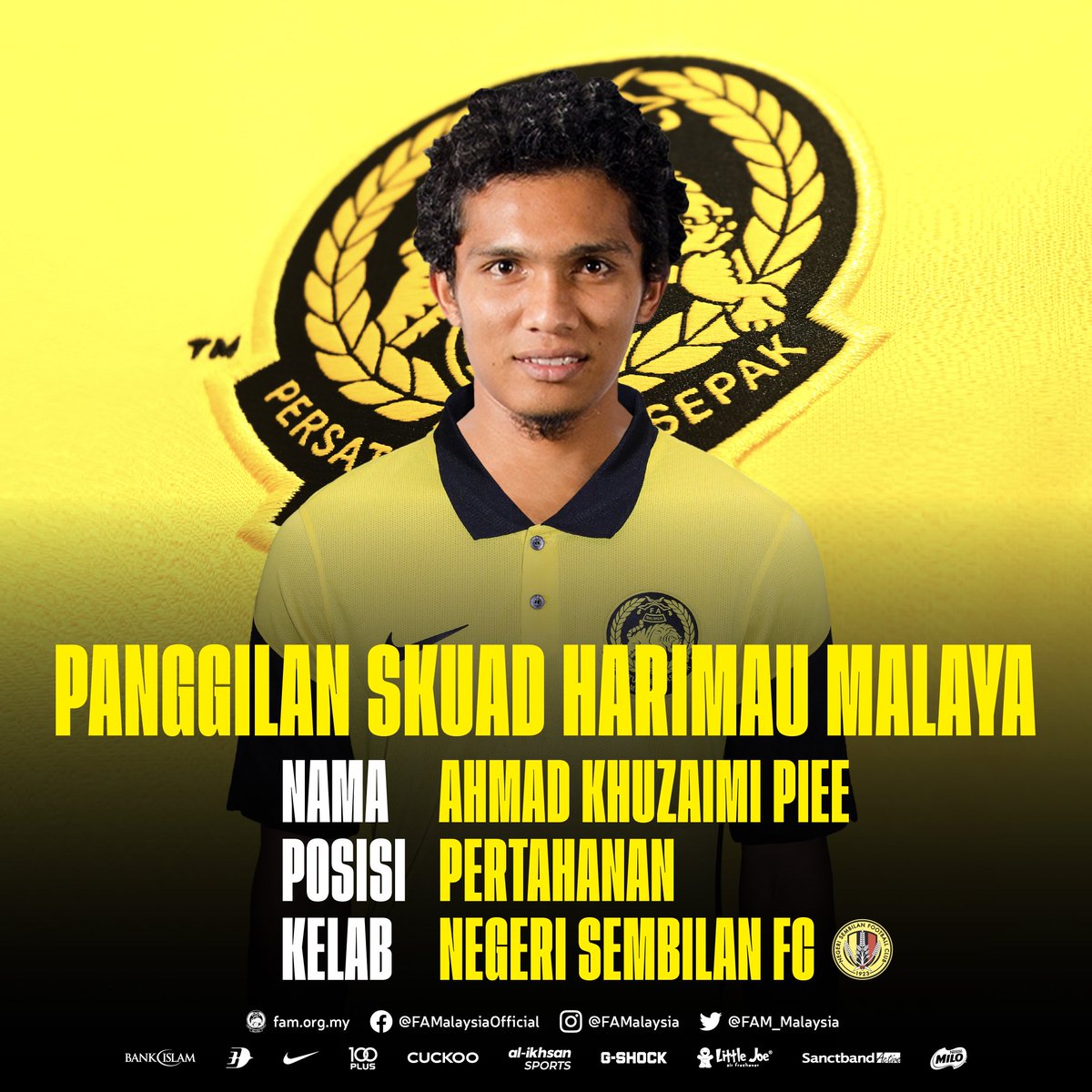 FAM_Malaysia's tweet photo. Ahmad Khuzaimi Piee Tersenarai Ke Latihan Pusat Harimau Malaya

Baca penuh kenyataan daripada ketua jurulatih kebangsaan, Kim Pan Gon di https://t.co/L4sPNvYK35

#FAM #HarimauMalaya https://t.co/55QgPytbdj