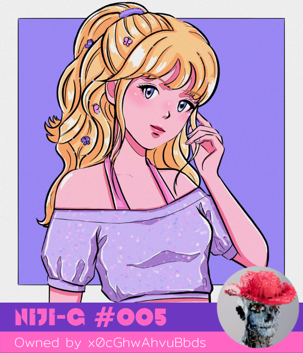 Pukarichan's tweet photo. Girl #005 is now owned by x0cGhwAhvuBbds

Cannot find your account
but really thank you for your very kind support

Her wavy blonde hair reminds me of sth about fairy so I added glitter on her tip and little butterflies to her hair

Glad you love it!💗

#NFTCommunity #NIJI_G https://t.co/035N4wXk6X