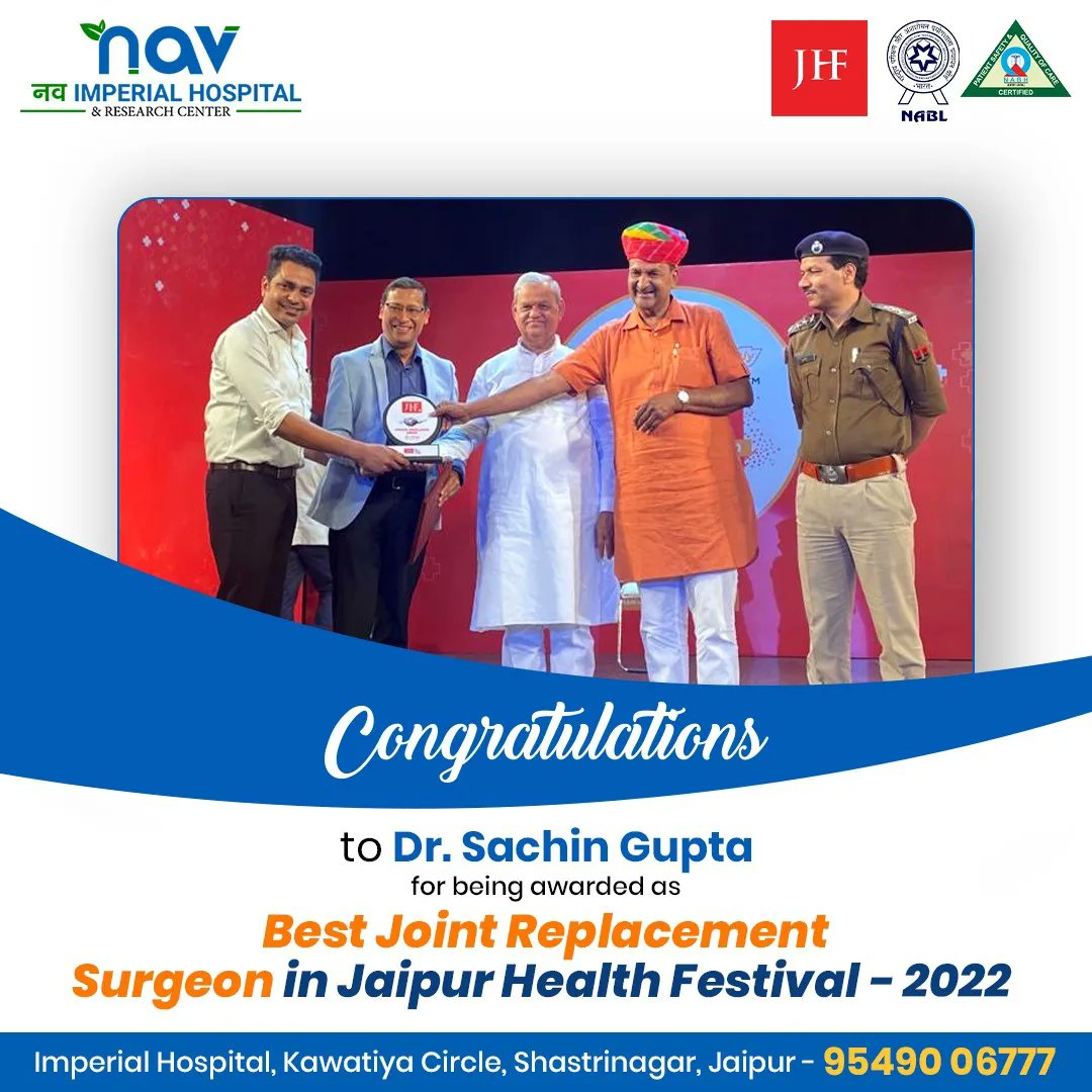 NavImperial's tweet photo. Held Talkshow on 13th March at Birla auditorium about sports Injury in Jaipur health festival where Sachin Gupta was awarded as best joint replacement surgeon. Heartiest congratulations to you sir from the whole Nav Imperial Family.
.
 #jaipurhealthfestival #jhf #award2022💐 https://t.co/dL1D1c4IlW