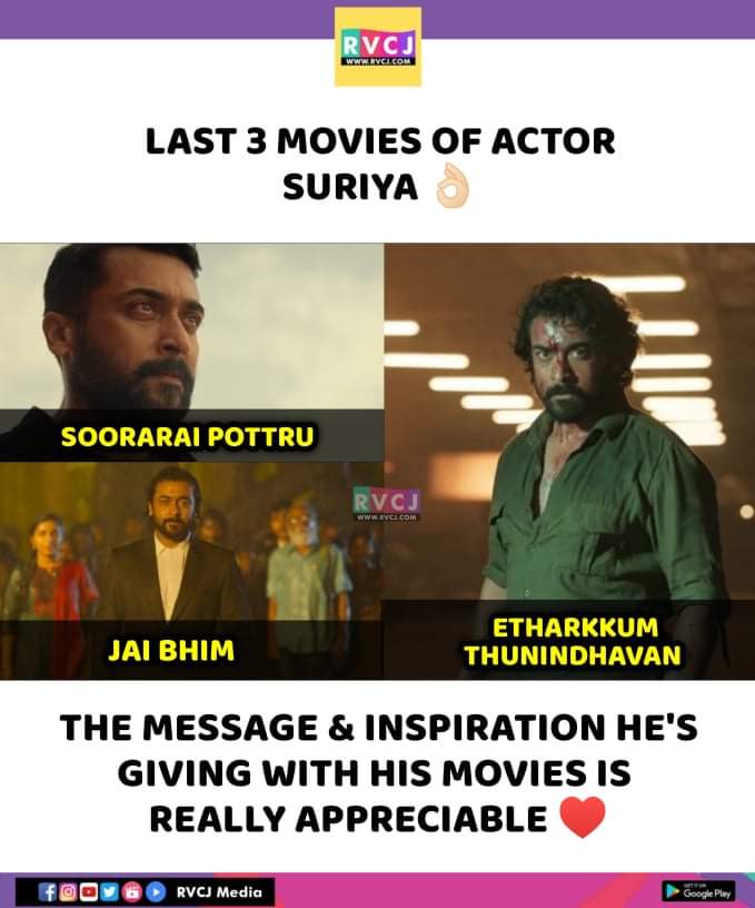 rvcjmovies's tweet photo. Suriya!🔥

#suriya #sooraraipottru #jaibhim #etharkkumthunindhavan #rvcjmovies #rvcjinsta https://t.co/Wn8zNKz27Q