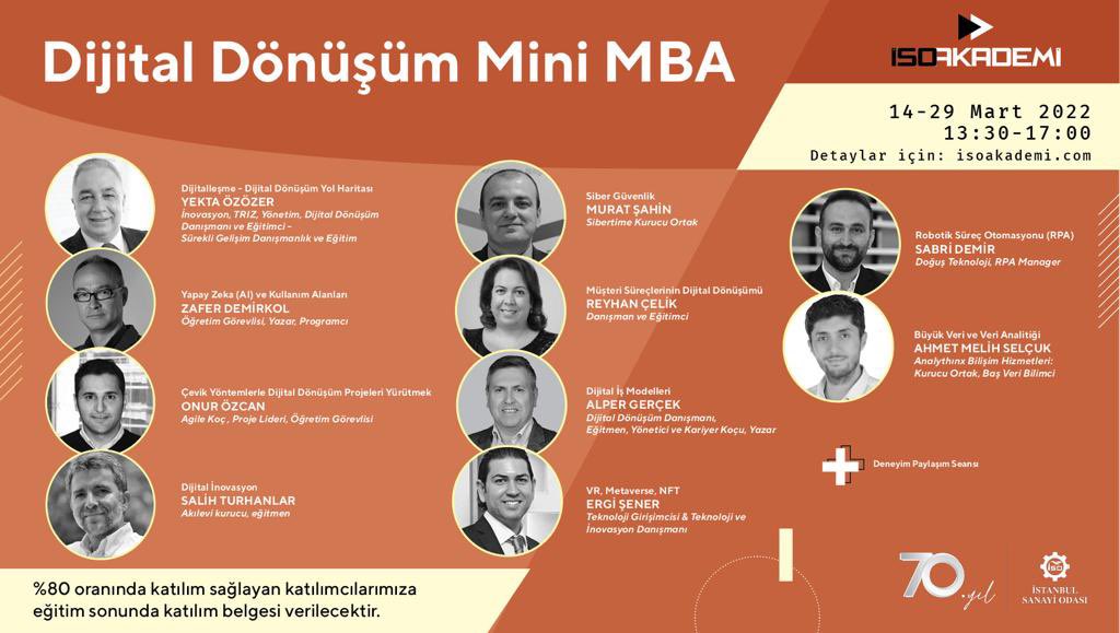 Dijital dönüşümü tetikleyen teknoloji trendleri, iş modelleri ve başarılı dijitalleşme örneklerini ele alacağımız Dijital Dönüşüm Mini MBA programımızın ayrıntıları web sitesinde.
🗓 14-29 Mart 2022
⏰ 13:30 - 17:00 
eoda.iso.org.tr/Seminer/Semine…
#İSO #İSOAkademi #eğitim