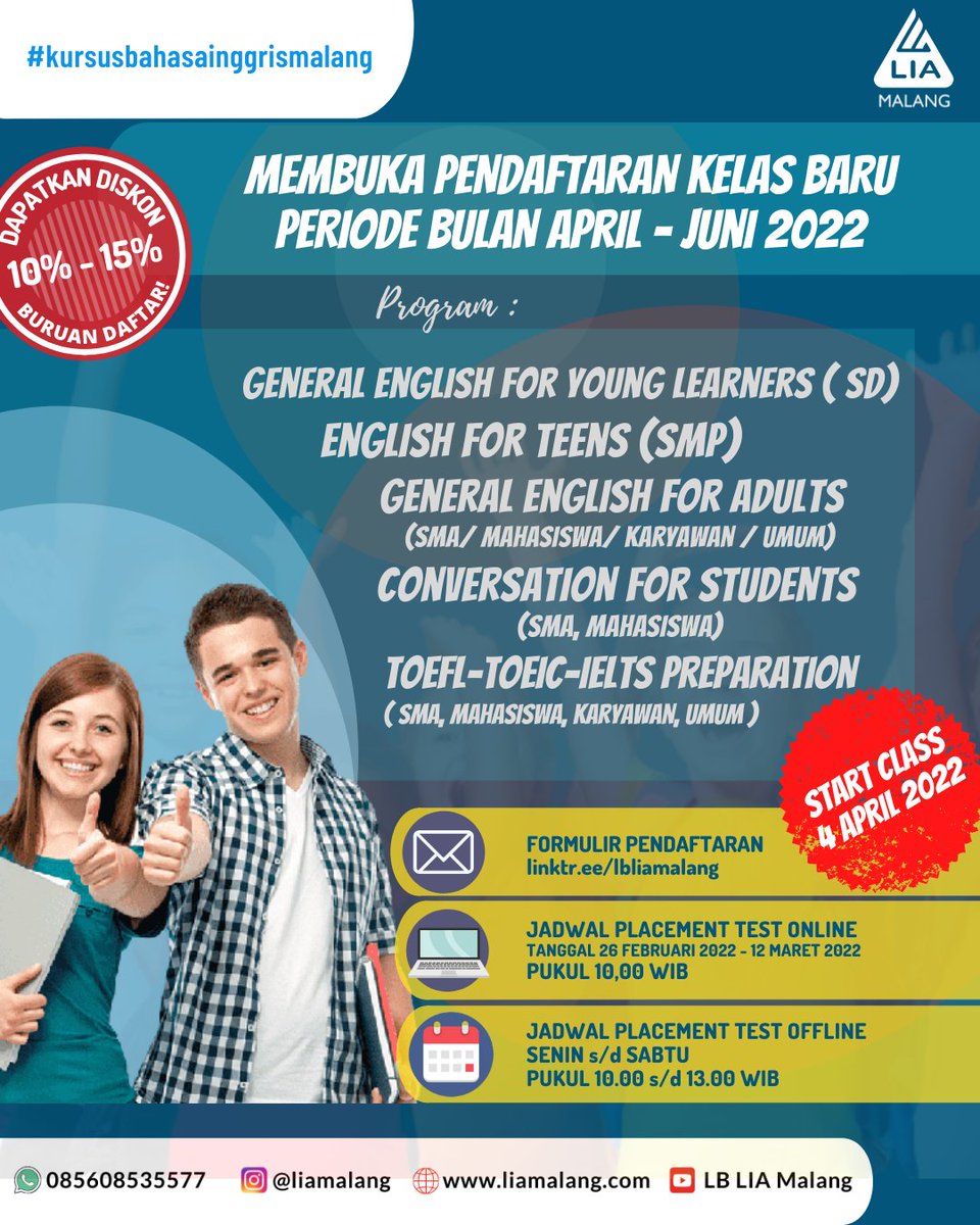 Hi Smart learners
Teman2 yang lain udah pinter bahasa Inggris, aku belum...
Teman2 yang lain skor TOEFLnya udah lebih dari 500 aku belum
Teman2 yang lain udah dapet beasiswa ke luar negeri aku belum
Yuk buruan daftar kursus di LIA Malang
WA 085608535577/ linktr.ee/lbliamalang