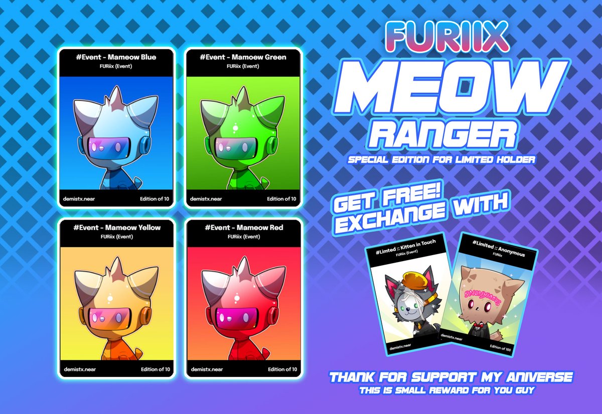 This is free for "Limited - Kitten in Touch" and "Limited - Anonymous" Holder 1 Limited card for 1 Meow Sentai.
.
Discord - discord.gg/66GbgqumPY
paras.id/demistx.near/c…
.
#nearNFTs #PARASnft  #NFT   #NFTTHAILAND #nftcollector #NFTCommunity #NFTartists #NFTCollection 
<a href="/ParasHQ/">Paras</a>