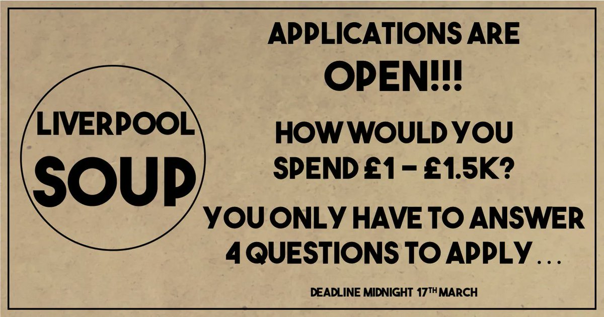 If you're thinking about applying to pitch for community funding, don't forget to be a clear as possible on how you'd spend the cash 💰
If you have any questions just drop us an email, HQ@LiverpoolSOUP.co.uk 
Applications are only open until 17th March: buff.ly/3suuJbj