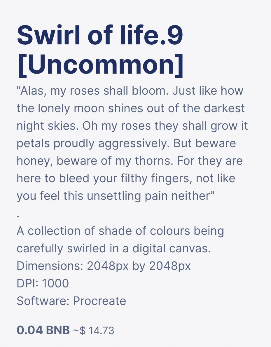 Hi! Swirl of Life.9 [Uncommon] is now available on the marketplace.
.
This is an abstract illustration that portrays all of us who finally protect our worth because we are all deserve better.
.
The price is only at 0.04BNB. app.pentas.io/nft/239468