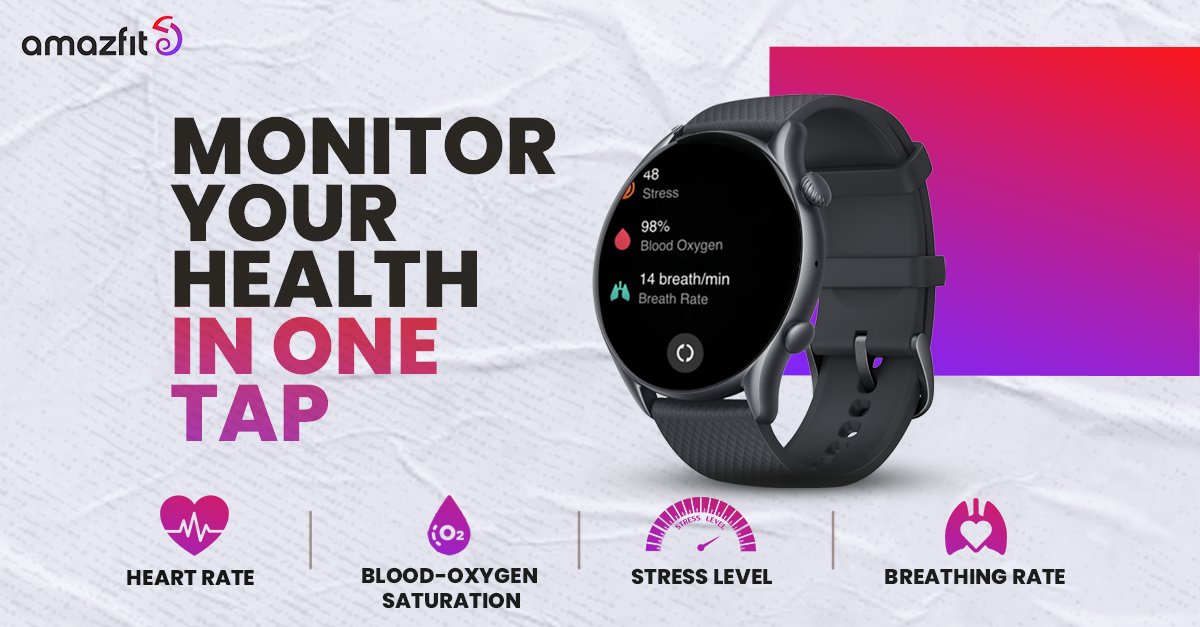 AmazfitIN's tweet photo. All it takes is a TAP to know how your body is doing!
Monitor your heart rate, SpO2, Stress levels and breathing rate in one tap on your GTR 3 Pro.
#Amazfitindia #GTR3PRO #Health #Technology #Smartwatch #FitnessBand #Fitness #UpYourGame #SmartHealthMadeEasy https://t.co/ipNFkvhZR3