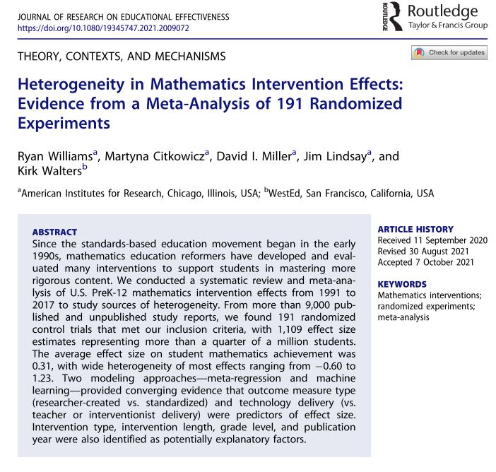 Today we share "Heterogeneity in Mathematics Intervention Effects: Evidence from a Meta-Analysis of 191 Randomized Experiments" by Williams and colleagues.  

 Full text is here: doi.org/10.1080/193457…