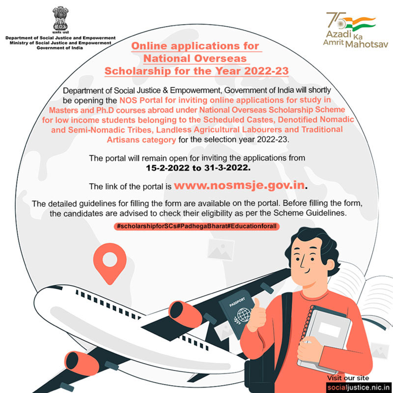 MSJEGOI's tweet photo. Invitation of online applications for National Overseas Scholarship for the Year 2022-23. The portal will remain open from 15-2-2022 to 31-3-2022.
The link of the portal is https://t.co/Nvk1ZsBD3u.
#scholarshipforSCs #Educationforall #azadikaamritmohotsav 
@Drvirendrakum13 https://t.co/9EUv0euTa8