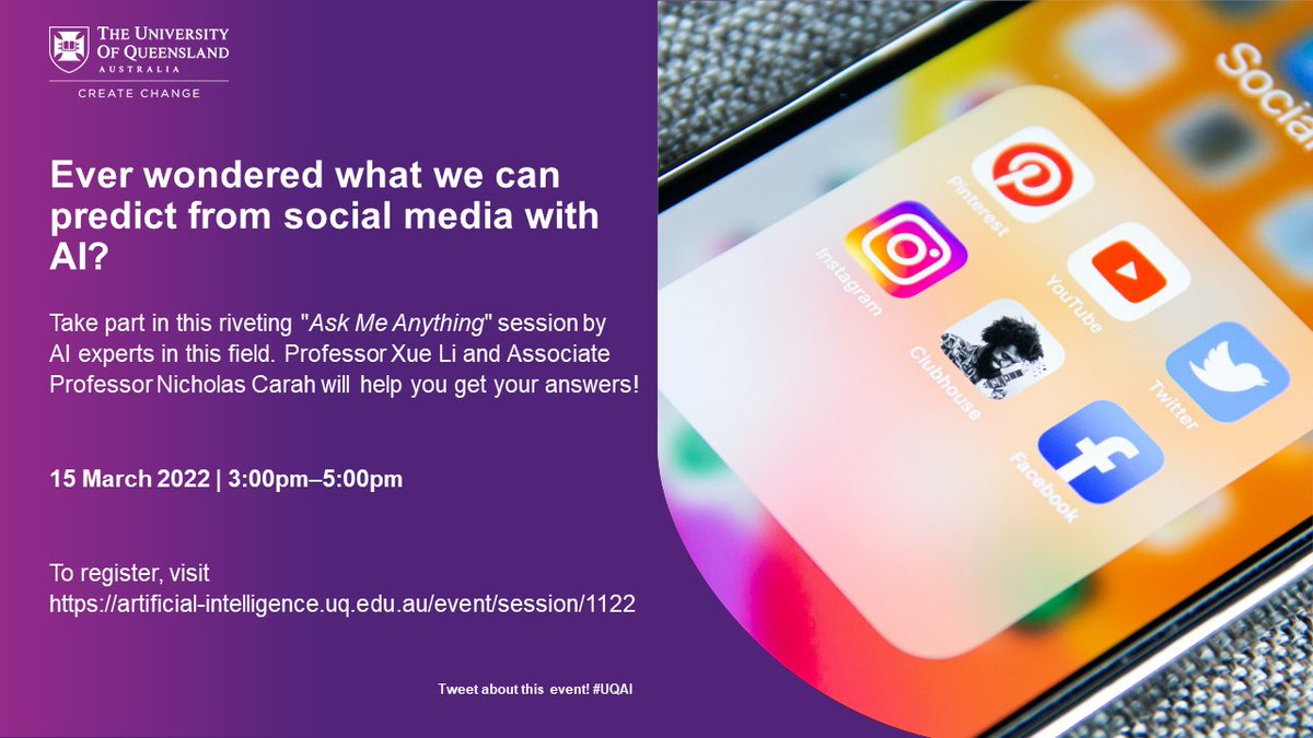 UQ folks📣 There's still time to register!😀Our next #UQAI #AMA series. Tomorrow will be #SocialMedia Feat. #UQITEE's Prof Xue Li & A/Prof @nnniccc from @UQCom_Arts @HASSUQ & moderated by me.
 👉 this is your chance to ask those 🔥 questions about #AI! 
artificial-intelligence.uq.edu.au/event/session/…