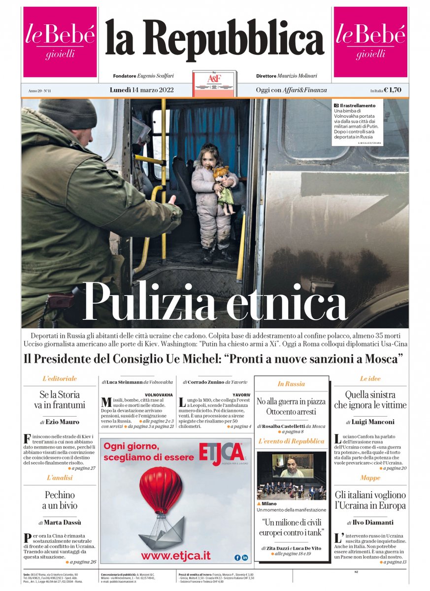 adbonaccorso's tweet photo. LA PRIMA DI OGGI. la Repubblica. Pulizia etnica. Deportati in Russia gli abitanti delle città ucraine che cadono. Colpita base di addestramento al confine polacco, almeno 35 morti. Ucciso giornalista americano alle porte di Kiev. Washington: “Putin ha chiesto armi a Xi” https://t.co/rdjJBV55E5