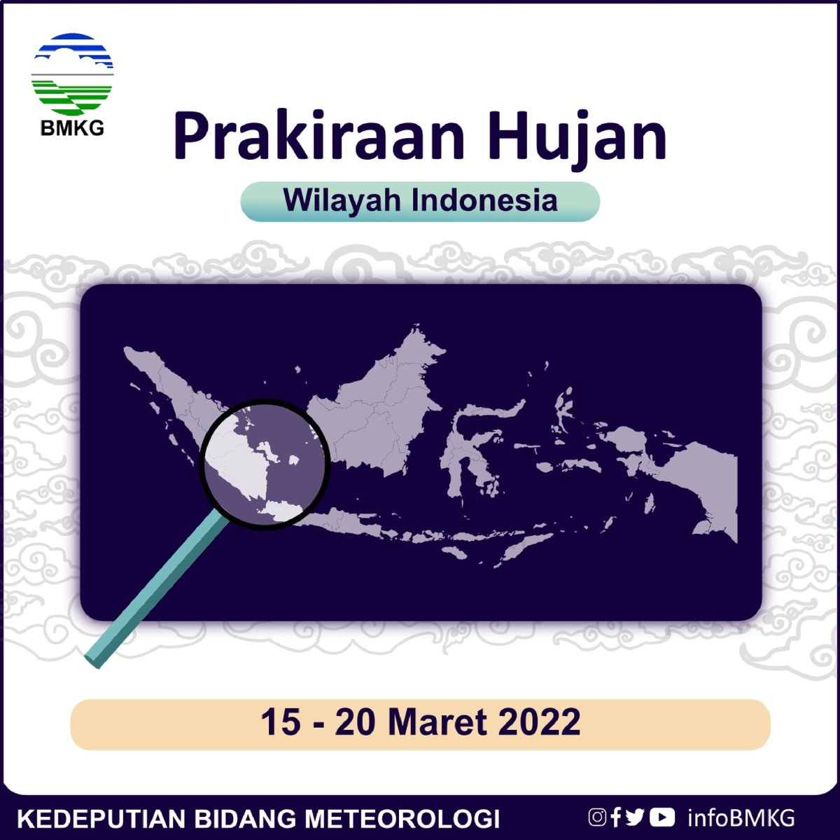 infoBMKG's tweet photo. Halo Sobat BMKG

Mari cek potensi curah hujan di wilayah Indonesia tanggal 15 - 20 Maret 2022

Tetap waspada selalu Sobat
#infobmkgpws
#markicugrafis #14Maret2022pws https://t.co/XxIA9GCc99