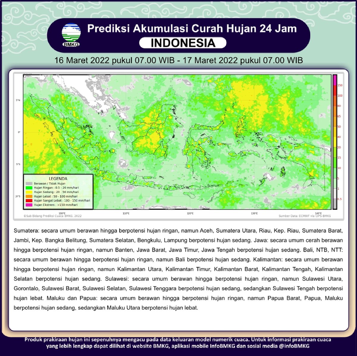 infoBMKG's tweet photo. Halo Sobat BMKG

Mari cek potensi curah hujan di wilayah Indonesia tanggal 15 - 20 Maret 2022

Tetap waspada selalu Sobat
#infobmkgpws
#markicugrafis #14Maret2022pws https://t.co/XxIA9GCc99