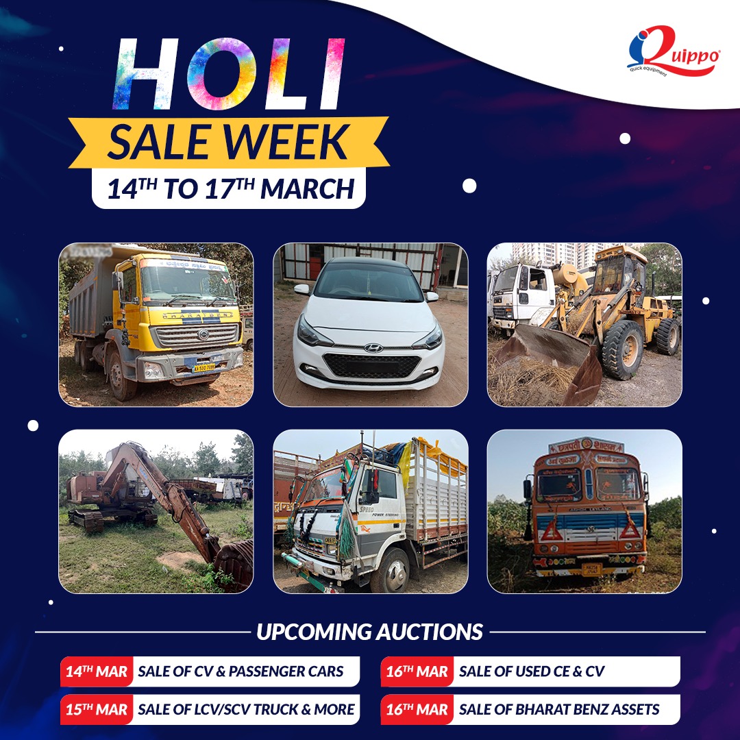 IQuippo's tweet photo. Holi Sale Weekend!
4-#Auctions aligned starting today with the Inventory of 200+ Used CE, Commercial vehicles and passenger #cars for sale.

✔️ #Trucks
✔️ #Tippers
✔️ #TransitMixers
✔️ #Excavators
✔️ #WheelLoaders
✔️ #Trailers
✔️ #Buses
View Auction: https://t.co/Xobbt8HILX https://t.co/Qpk53TTDs4